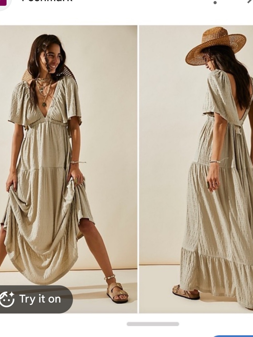 Free People Beach Lala Light gray Tiered V-Neck Maxi Dress size M